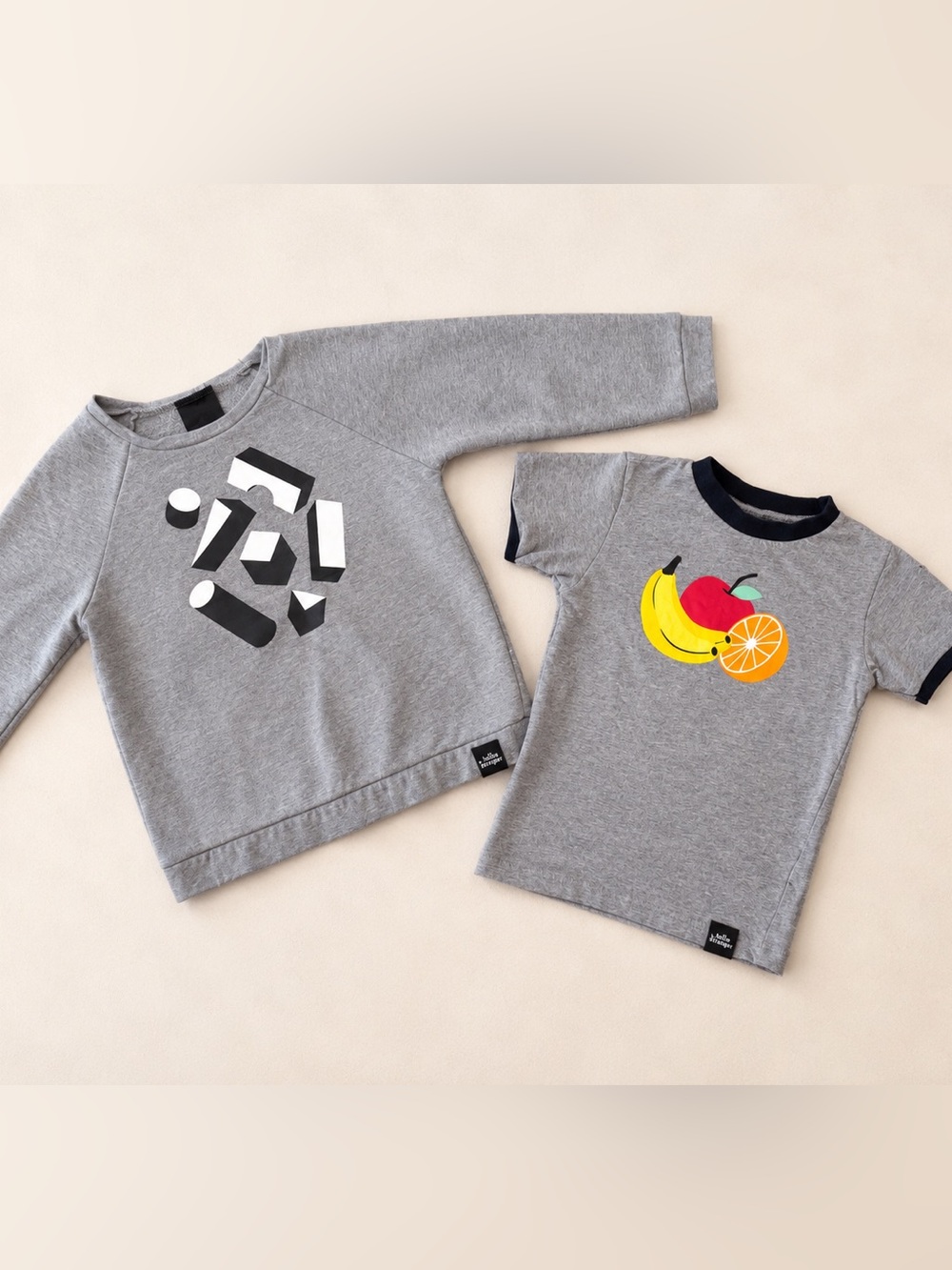 Whistle & Flute Kids Grey Geometric Sweatshirt and Grey Retro-Style Fruit Tee